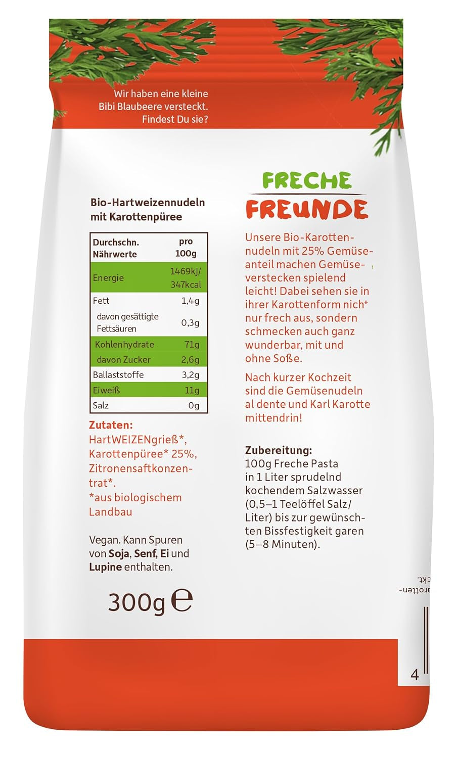 Freche Freunde Økologiske grøntsagsnudler 'Gulerod' 25 % grøntsagsindhold Vegansk 6-pak (6 x 300 g)