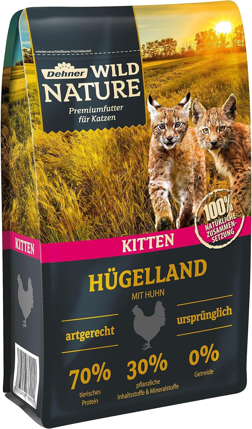 Dehner Wild Nature hrană pentru pisici Kitten Hügelland, hrană umedă fără cereale / fără zahăr, pentru pisici tinere, pui, cutie 6 X 200 G (1,2 kg)