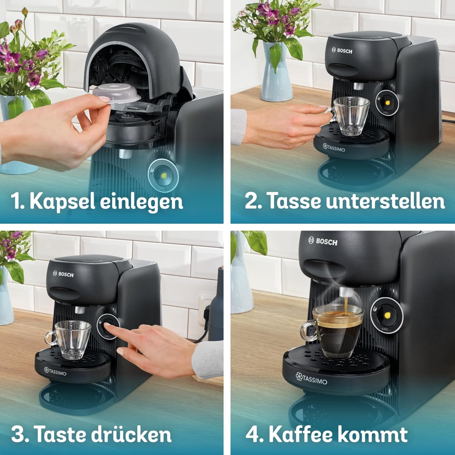 Espressor cu capsule Bosch Tassimo finesse TAS162E, 70 de băuturi, cafea mai intensă prin simpla apăsare a unui buton, oprire automată, sustenabil, dozare perfectă, 1400 W, negru/negru