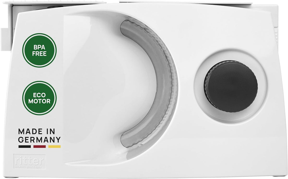 Ritter Markant 05 Multifunktionel sammenfoldelig elektrisk brødskærer og -skæremaskine med økomotor Made in Germany Rivejern og -skærere Naty Shop Standardtitel