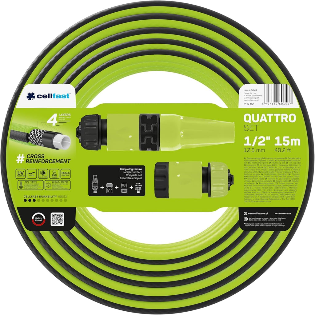 Furtun de grădină Cellfast QUATTRO, durabil, ușor, cu 4 straturi, rezistent la UV, furtun din fire, împletitură încrucișată, 20 bar, 3/4" 15m, 10-074