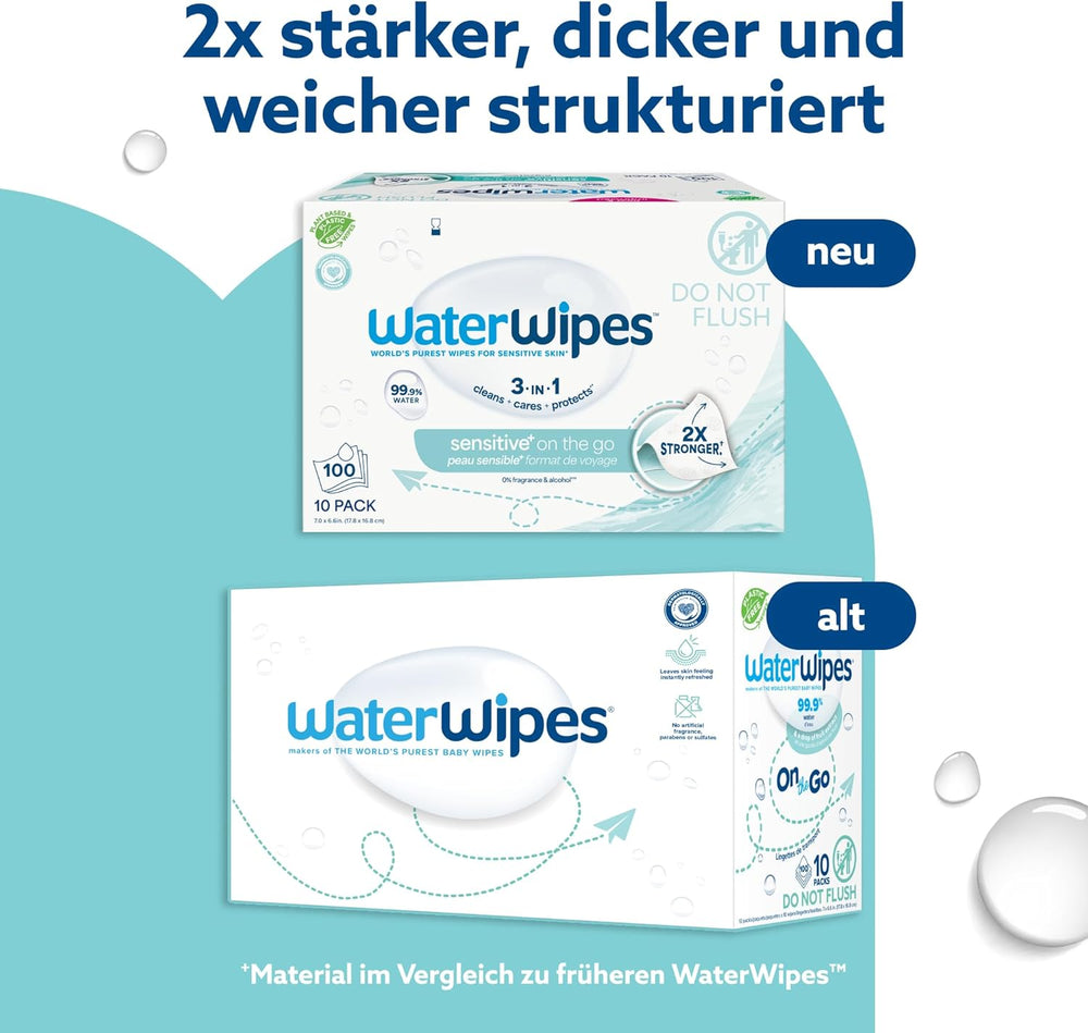 WaterWipes Sensitive+ On The Go Wet Wipes, 100 Wipes (10 Pack), 3 i 1 Renser, Plejer, Beskytter, 99,9% Vand, Duftfri Wipes