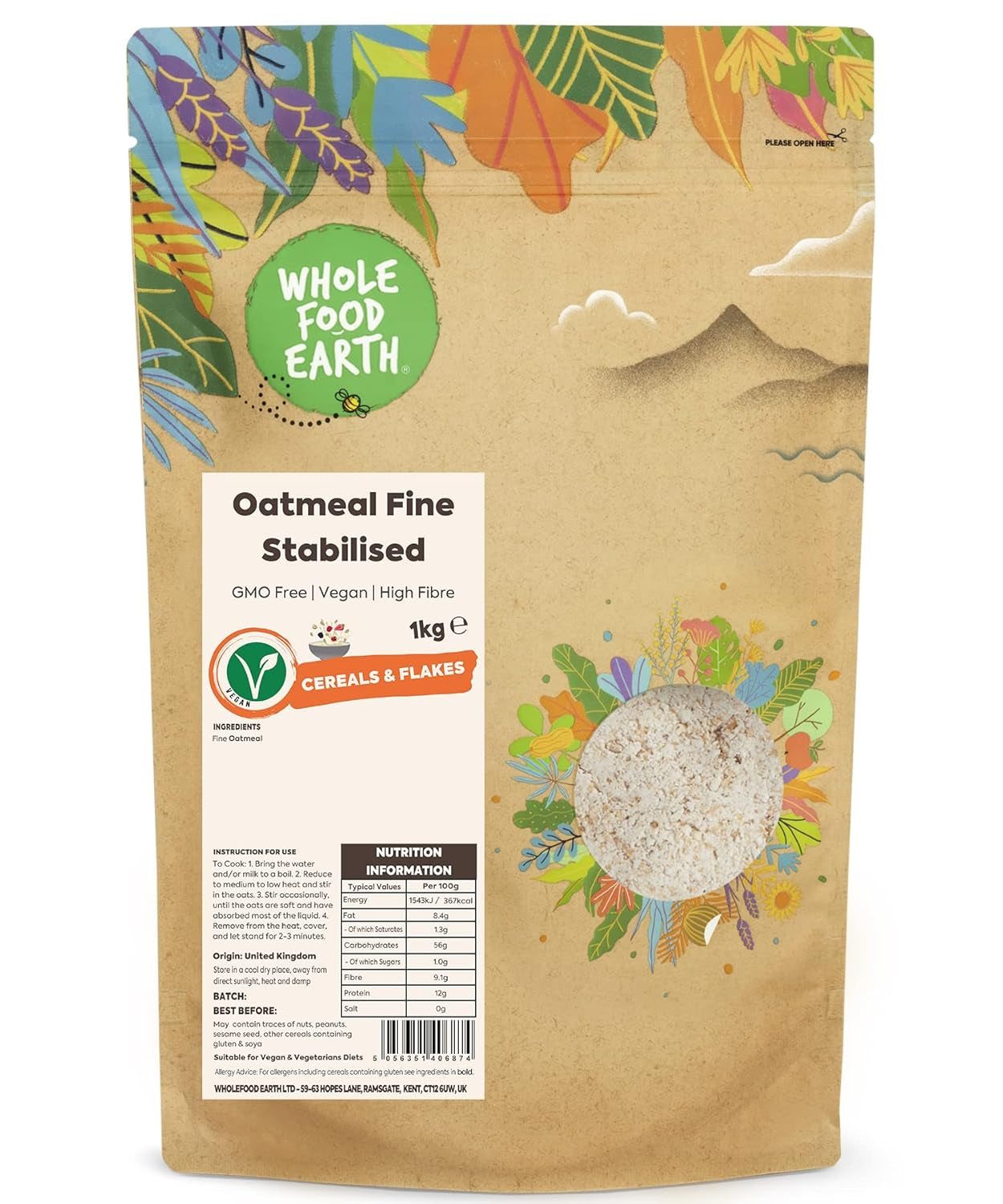 Wholefood Earth Fine Oats - ikke-GMO - vegansk - mælkefri - uden tilsat sukker 1 kg