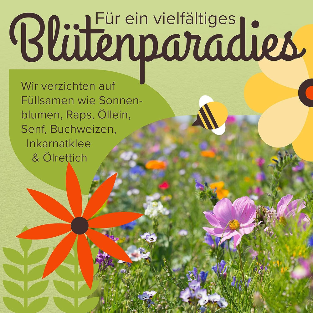 100 g Premium vildblomstfrø til en farverig blomstereng - levende og nektarrig blomsterfrøblanding til bier og sommerfugle (inkluderer GRATIS e-bog)