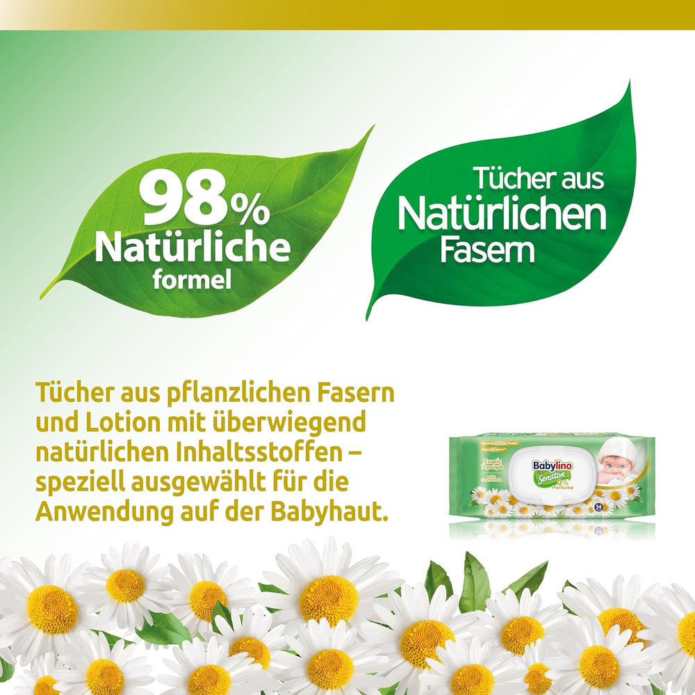 Sensitive babyservietter, 0% duft, 98% naturlig formel, der genopretter hudens pH-balance, friskhedsforsegling, 54 servietter