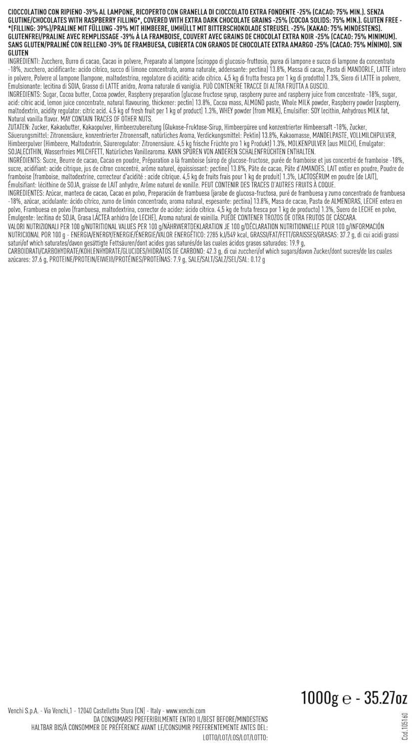 Venchi – Chocoviar Hindbær, praliner i 1 kg pose, med mørk chokolade, glutenfri, uden kunstige farver og uden konserveringsmidler