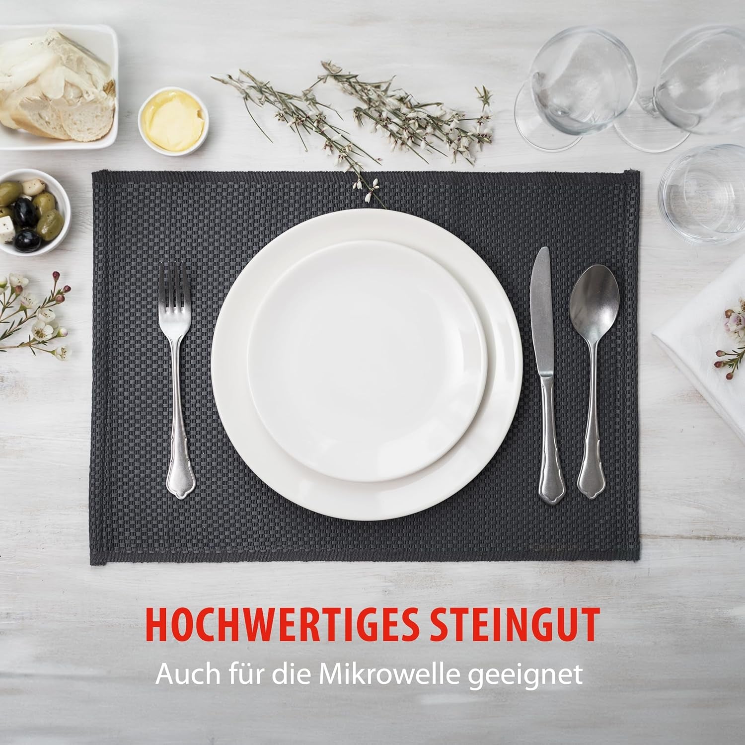 alpina Geschirrset 8 Personen - 40-teiliges Steingut Geschirr - Teller Set mit Speiseteller, Schalen und Kaffeebecher - Camping Geschirr - Mikrowelle- und Spülmaschinengeeignet - Weiß