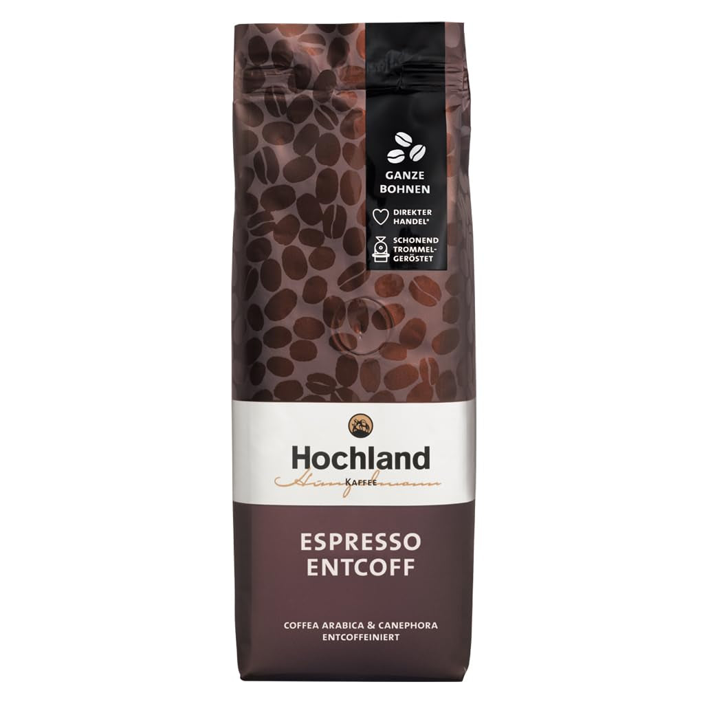 Highland Coffee – Espresso Decofeinizat (250g) – Decofeinizat, Puternic și Armonios – Ciocolată Neagră, Lemn de Cedru, Malț – Pentru Espressoare Portafilter și Automate – Arabica și Robusta – America Latină și India