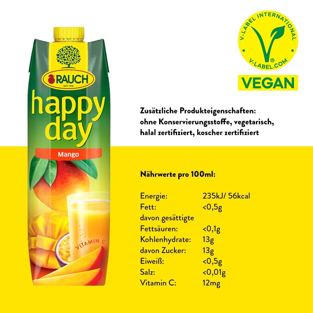 Rauch Happy Day Mango | Raffineret drink med passionsfrugt | En masse C-vitamin | 6 x 1 liter, Tetra Prisma Naty Shop