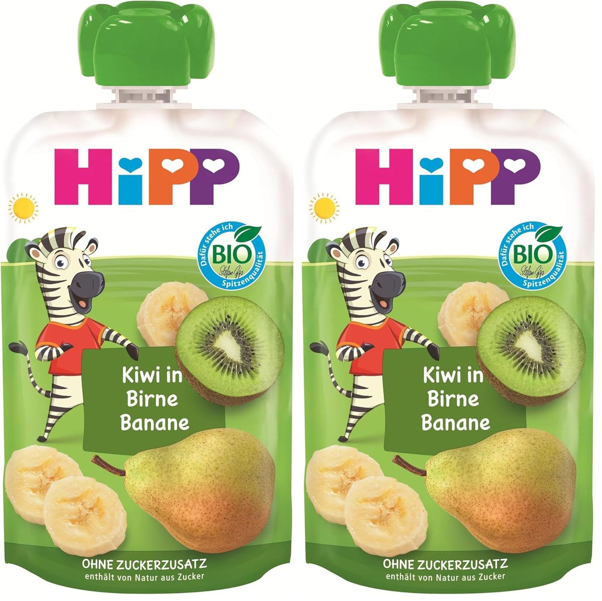 HiPP Bio Quetschie Kiwi i Birne-Banana - Charlie Zebra (8 x 100 g), ca. 1 Jahr, 100% Fruchtpüree, ohne Zuckerzusatz, vegansk, i bedre bio-kvalitet (Packung mit 2)