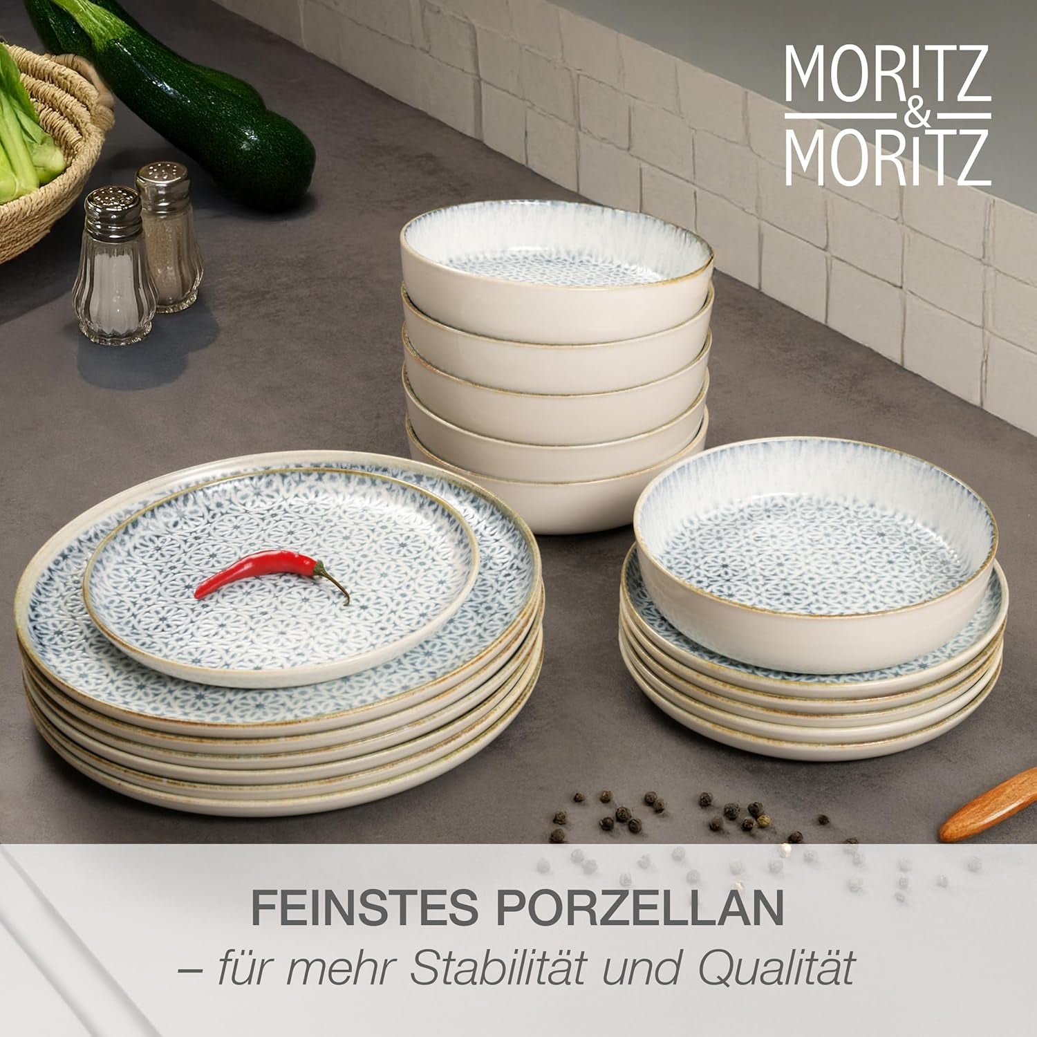 Set de veselă Moritz & Moritz ALHAMBRA pentru 6 persoane, 18 piese, din porțelan de înaltă calitate - veselă modernă albastră - set ușor de întreținut, inclusiv 6 farfurii de cină, 6 farfurii de desert și 6 boluri