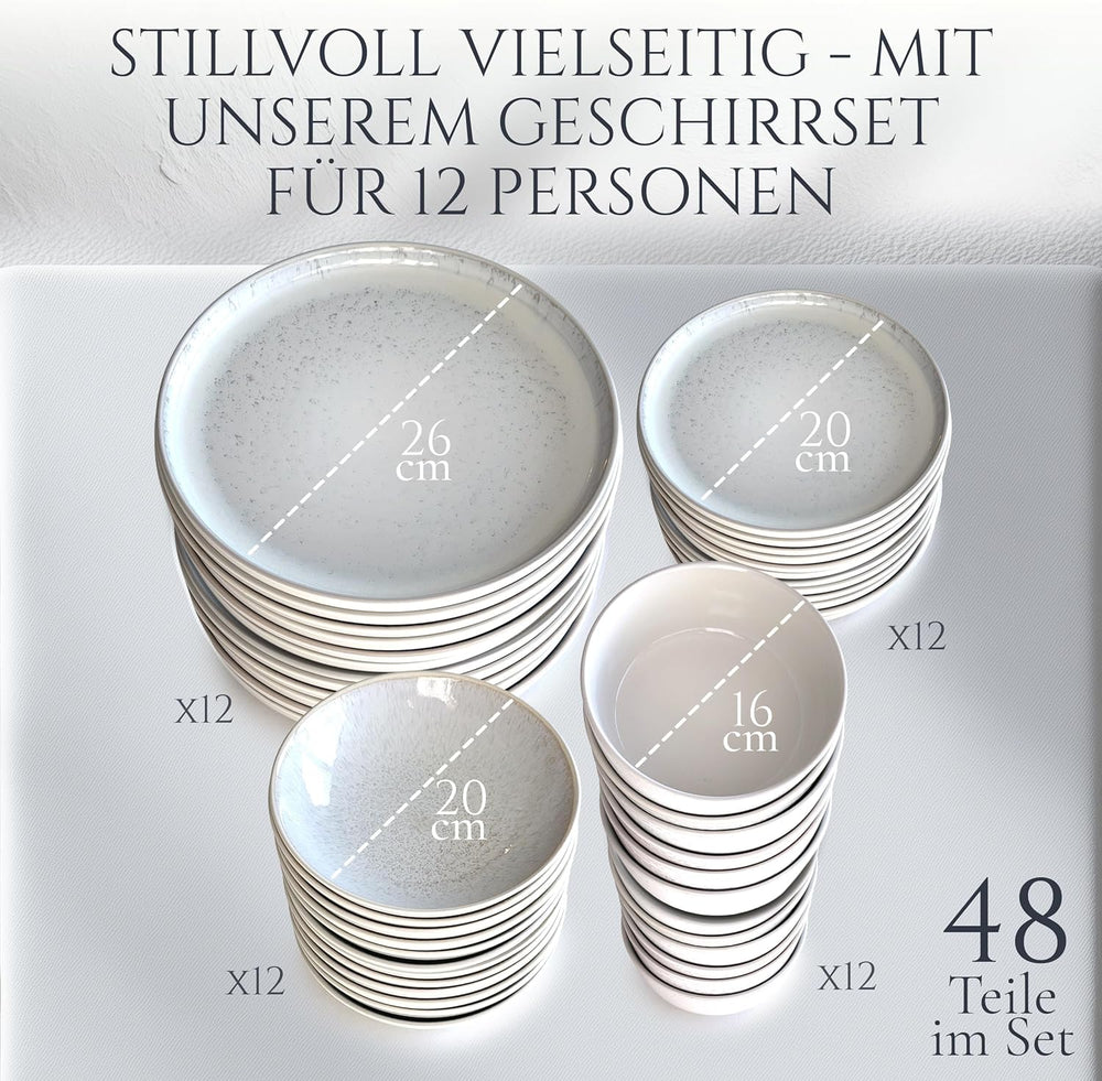 Set de veselă din gresie ceramică, format din 48 de piese, pentru 12 persoane, design Ibiza, CÂȘTIGĂTOR AL TESTULUI. Un set de veselă mediteranean superb, din gresie ceramică, inclusiv boluri și farfurii. Set de veselă Pure Living, bej.