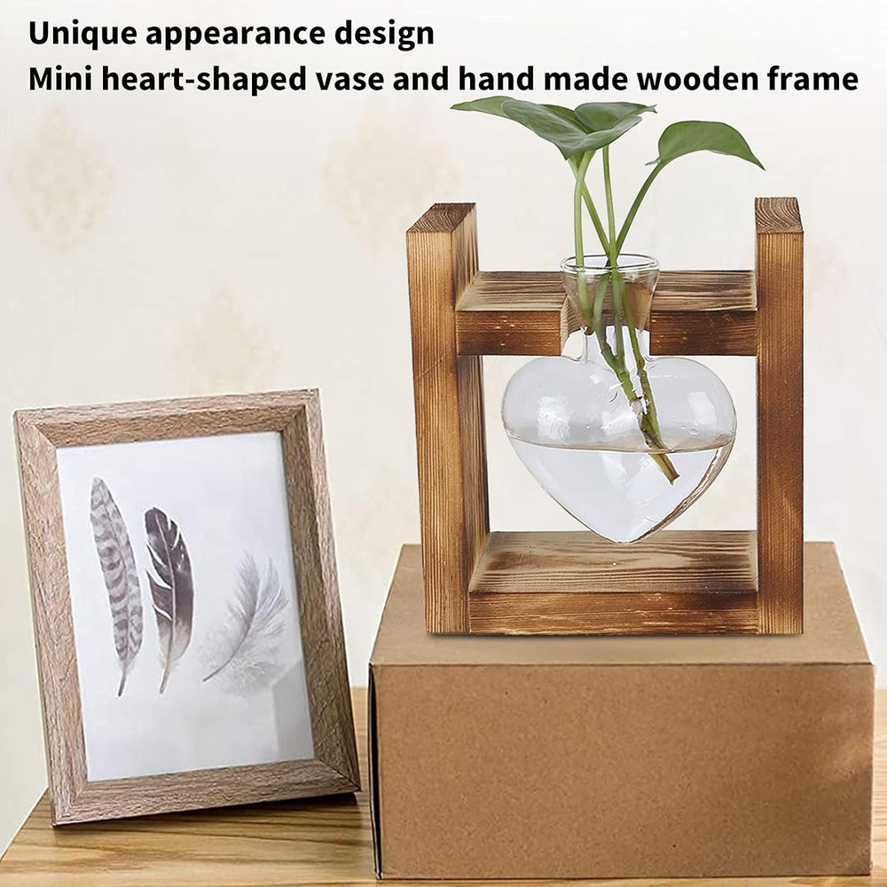 Planteterrarium i træ, hjerteformet bordpladevase, hydroponiske planter i klart glas til udsmykning af hjemmet, hydroponisk blomsterdekoration til kontor, stue, køkken (A)