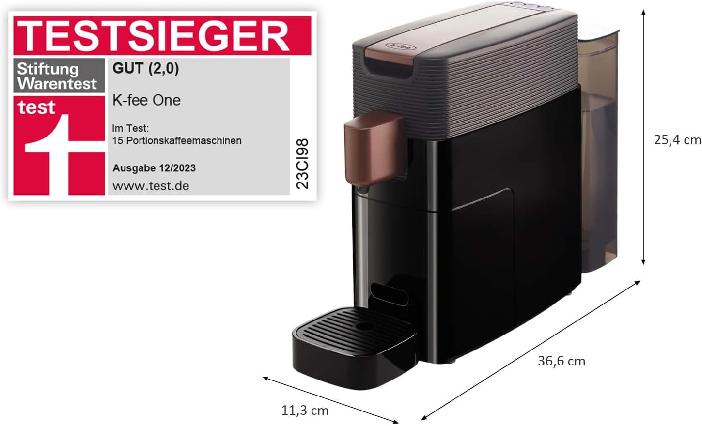 Espressor cu capsule K-FEE ONE pentru cafea, ceai și cacao | Espressor compact | Încălzire rapidă | Rezervor de apă de 0,8 l | 19 bar | Cupru negru | Câștigător al testului Stiftung Warentest 2023