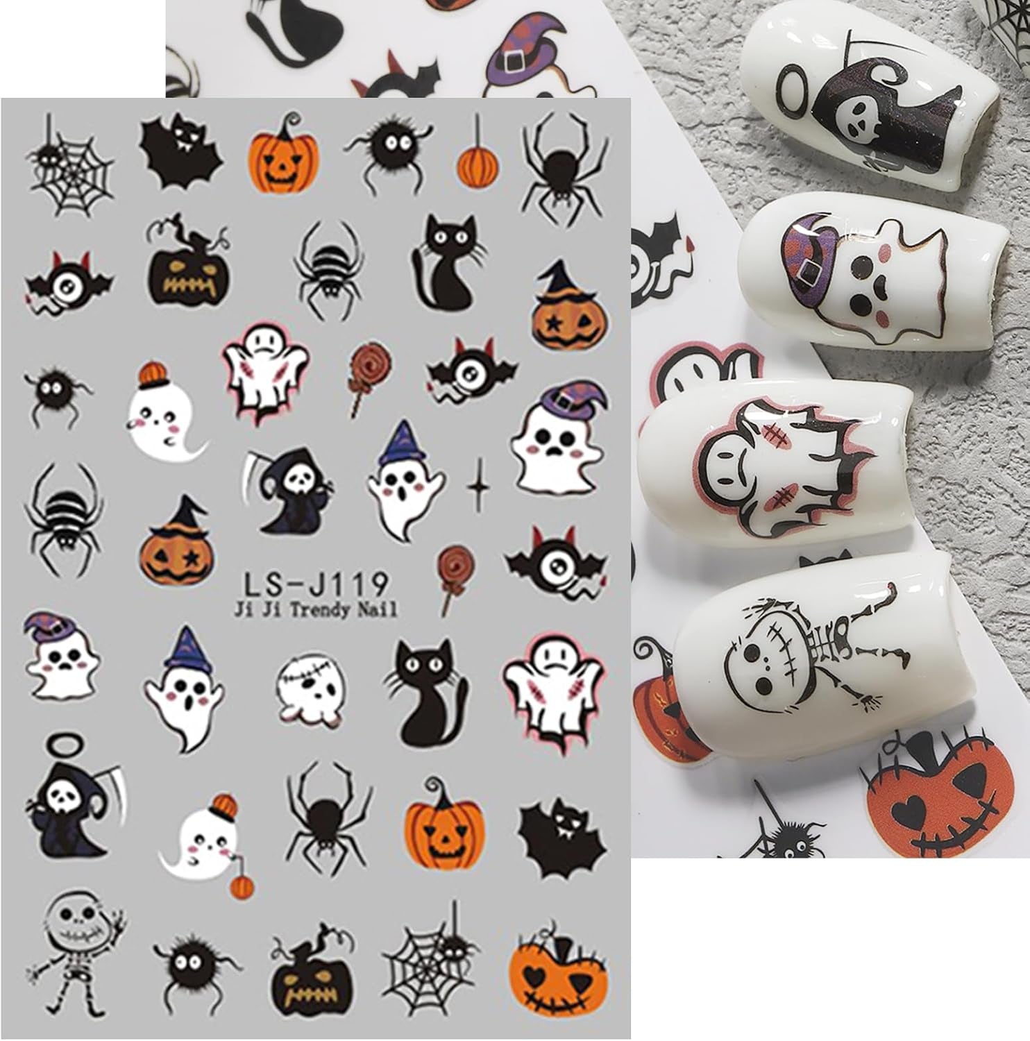 JMEOWIO Nagelsticker Halloween Süßer Geisterkürbis 9 Blatt Nail Art Sticker Selbstklebend Nagelaufkleber Dekoration Nageldesign Zubehör