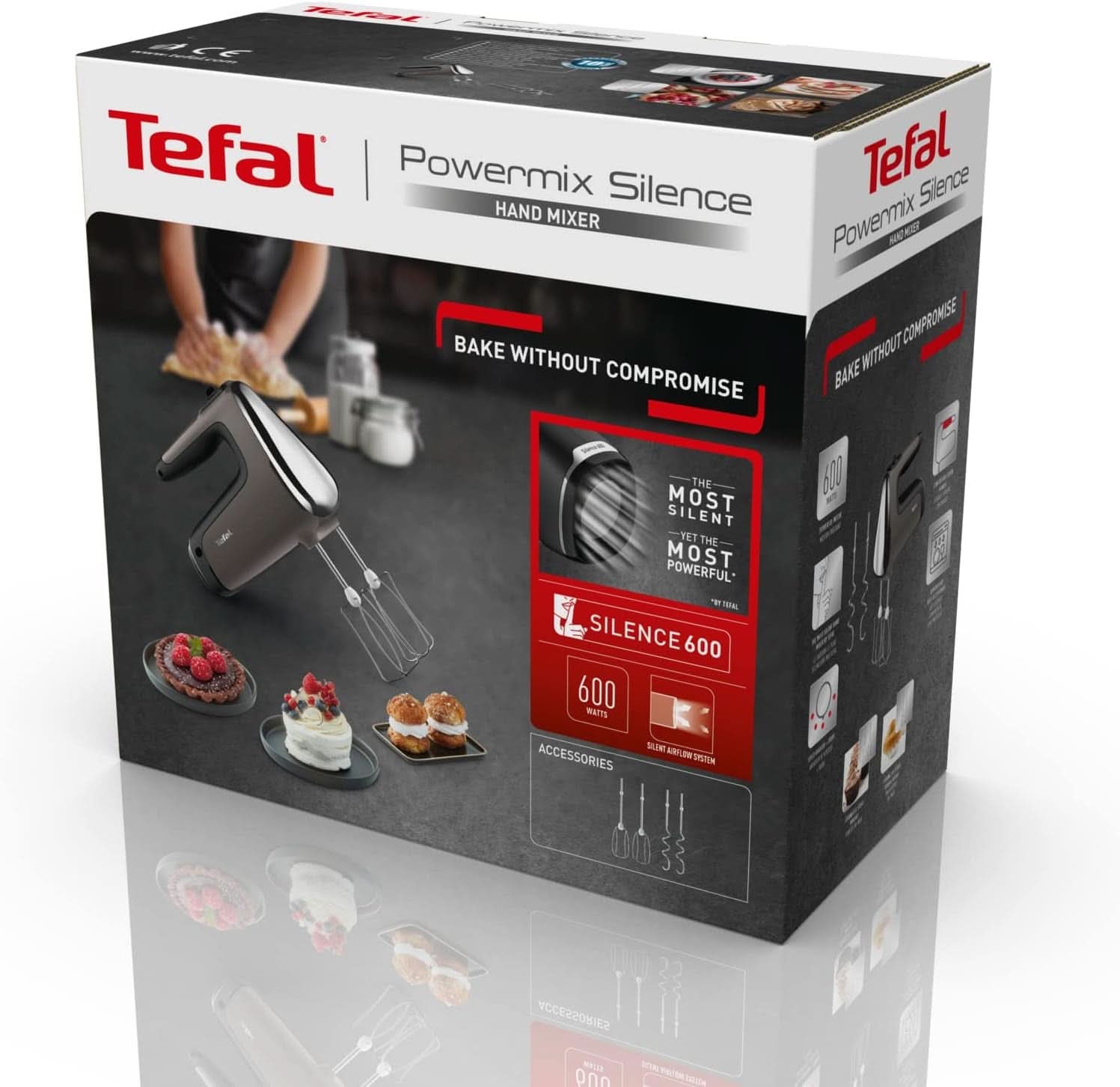 Tefal HT650E Power Mix Silence Håndmixer | 600 Watt | Variabel hastighedsregulator | Turbo-Und Auswurf-Funktion | Extreme Leisure Engine | Inkl. 2 Rührbesen Und 2 Knethaken | Wheat Kitchen Naty Shop