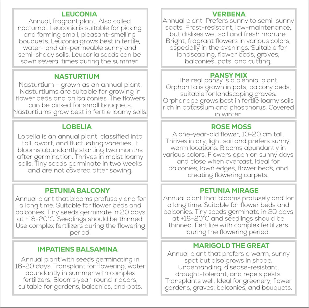 Nojus Blomsterfrøsæt - 10 sorter af blomsterfrø - Balkonblomsterfrø - Farverige plantefrø - 10 pakker - Vilde blomsterfrø - Blomsterfrøposer - Ideel blomsterfrøgave