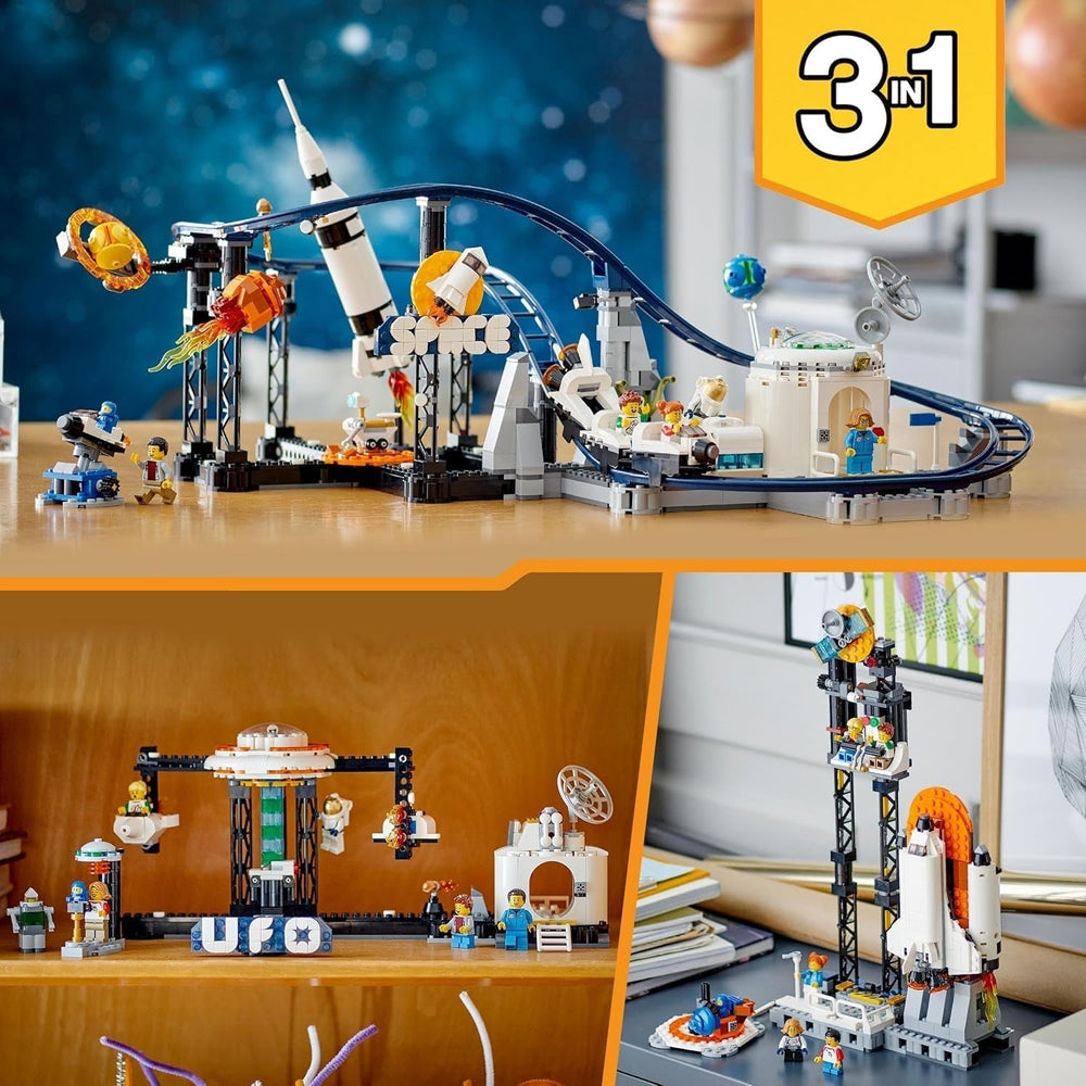 LEGO 31142 Creator 3-i-1 Space Rollercoaster Legetøjssæt til børn med arbejdsvogne, konverteres til et fritfaldstårn eller karrusel med raketter og glødende klodser Byggesæt Besuche den LEGO-Store