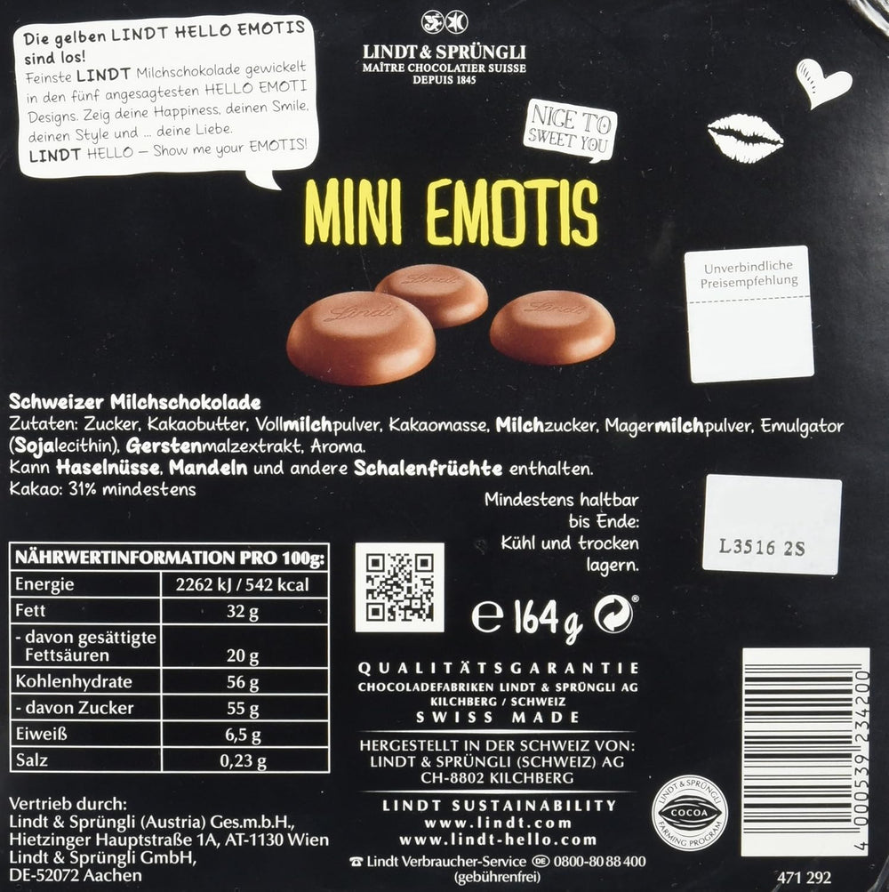 Chokoladesortiment (37 LINDOR-kugler, 24 Hello Mini-pinde, 10 Mini Fioretto), chokoladegave (1 x 815 g) og HELLO Mini Emoti, mælkechokolade i 5 humørikon-designs, 164 g