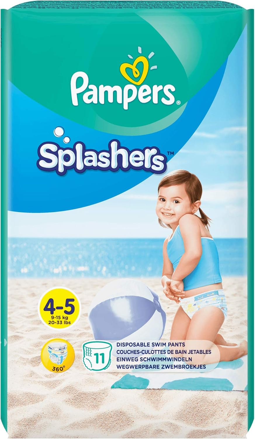 Pampers (gammel version), Splashers engangsbadeshorts - størrelse 5/6 (14 kg+) - Æske med 8 pakker med 10 stk.