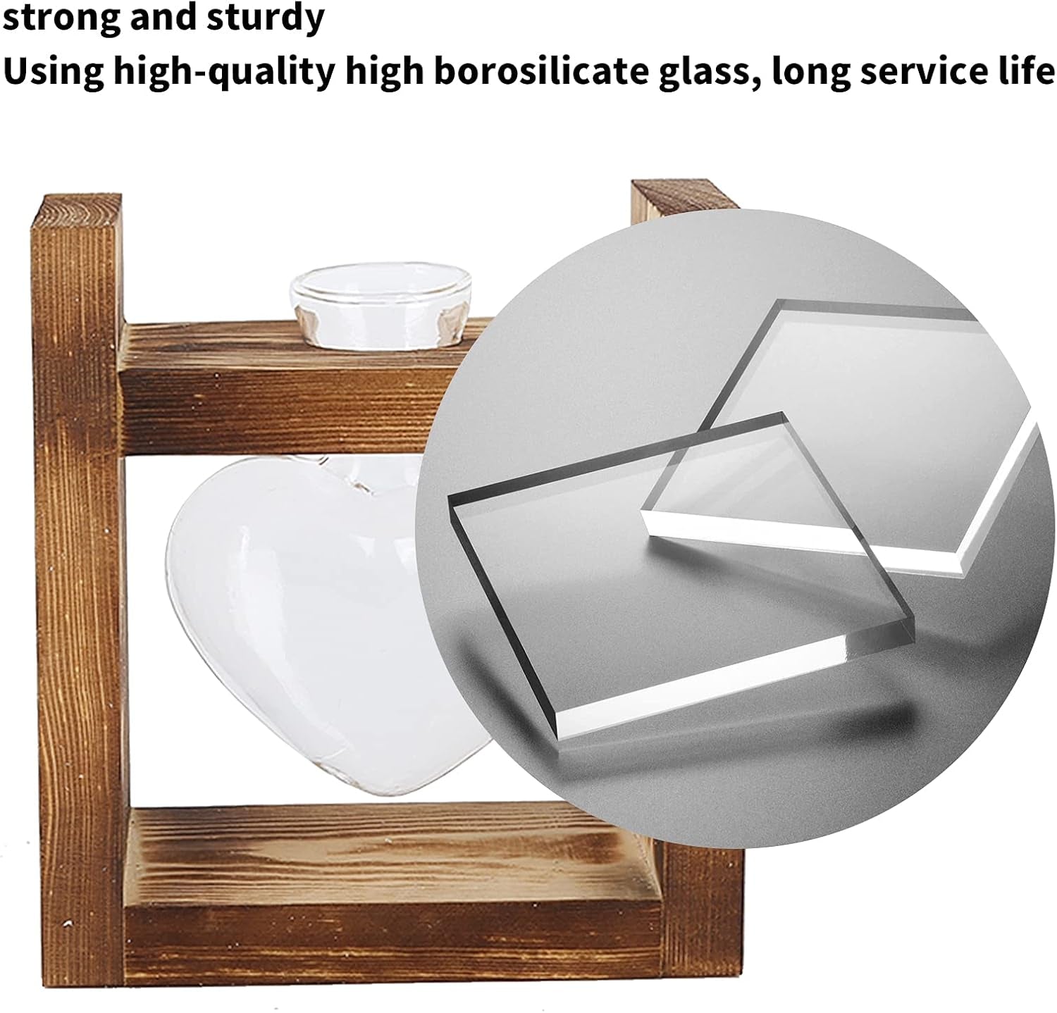 Planteterrarium i træ, hjerteformet bordpladevase, hydroponiske planter i klart glas til udsmykning af hjemmet, hydroponisk blomsterdekoration til kontor, stue, køkken (A)