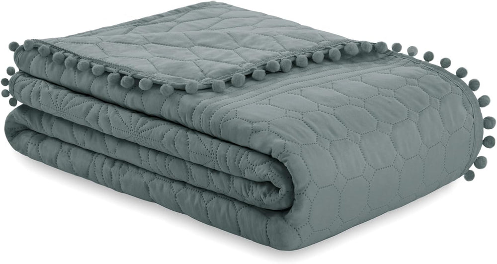 Ameliahome Sengetæppe med pomponer 220X240 Cm Dobbeltsidet sengetæppe Ultrasonic Quilting Polyester Meadore Grå Senge og Tæpper Besuche den AmeliaHome-Store