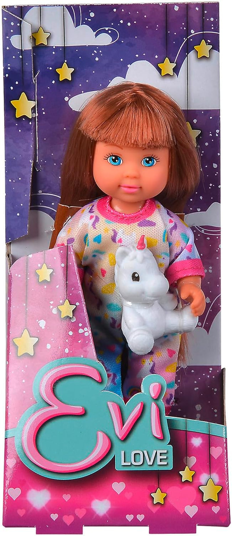 Pijama Simba Evi Love, 3 culori asortate, livrat doar un articol, păpușă în pijama drăguță cu jucărie de pluș unicorn, păpușă de joacă 12 cm, vârste 3+