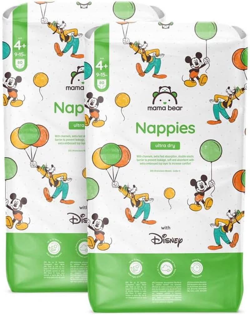 Mama Bear Disney Ultra Dry Bleer størrelse 4 (8-14 kg), hvid, 84 stykker (1 pakke) Naty Shop størrelse 4+ (9-15 kg) Månedlig pakke