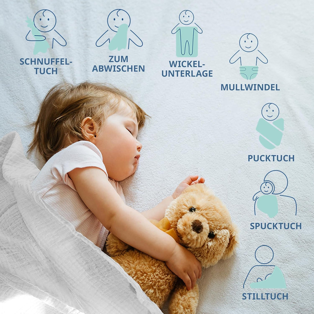 MAKIAN Muslin Squares, Pakke med 10, 80x80 cm, Oeko-TEX® Standard 100 Certified, 10 Premium Burp Cloths - Dobbeltvævede Stof Firkanter / Muslin Squares, Kog resistent - Hvid