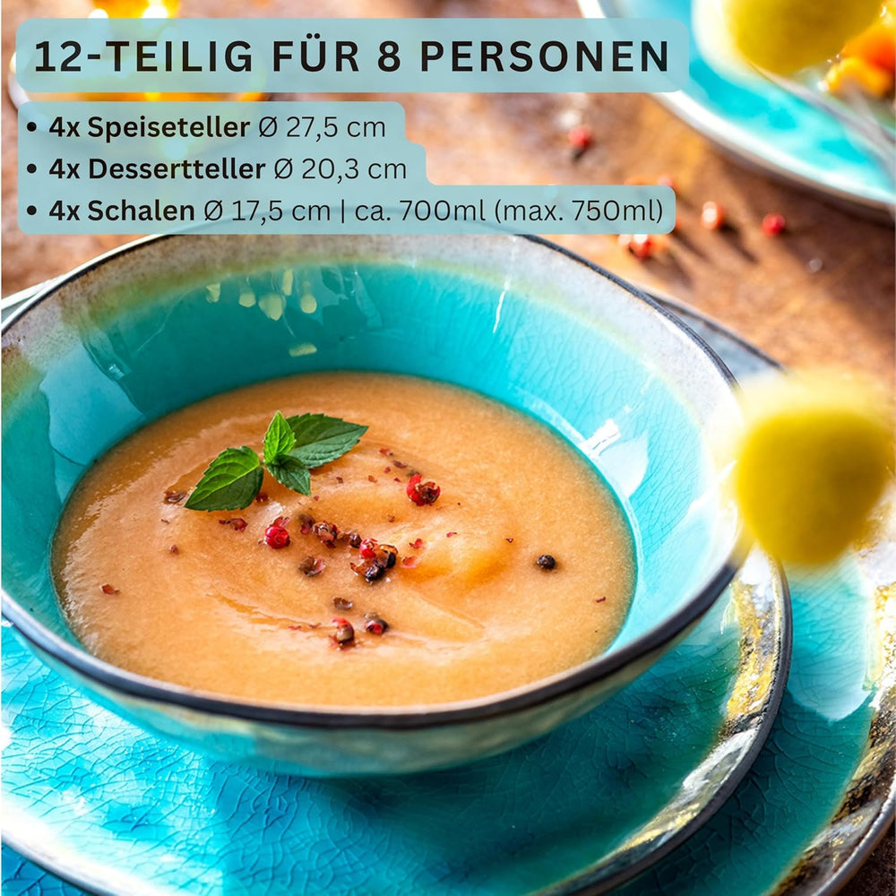 SÄNGER | Set de veselă Capri cu 12 piese, set de farfurii pentru 4 persoane, veselă din gresie, inclusiv farfurii de cină, farfurii de desert și farfurii de sumă, serviciu de cină turcoaz lucrat manual cu margine gri | COLECȚIA PREMIUM