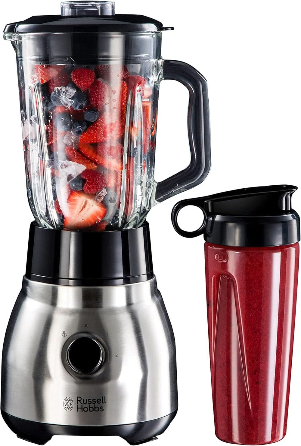 Russell Hobbs Standmixer 2-I-1 [1,5L Glasbehälter Mixer & 0,6L Mini Smoothie Maker -To-Go-Trinkflasche Inkl. Deckel] Spülmaschinenfest, Impuls-/Ice-Crush Funktion, Becher BPA Frei, Edelstahl 23821-56 Kitchen Naty Shop