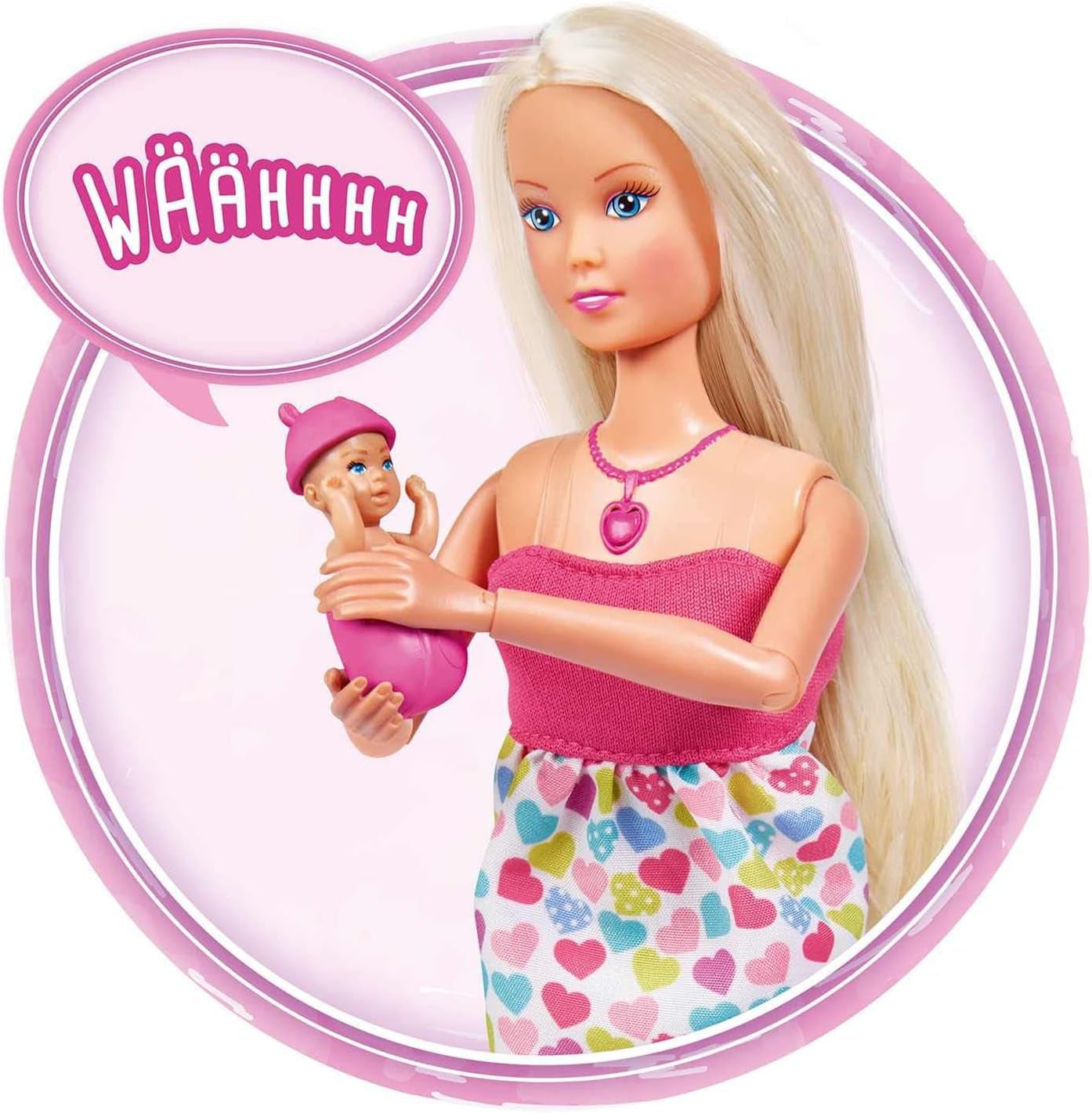 Simba 105733480 - Steffi Love Baby Backpack, păpușă gravidă cu bebeluș și sunete grozave, accesorii pentru bebeluși și suport pentru bebeluși, roz Papusi Naty Shop