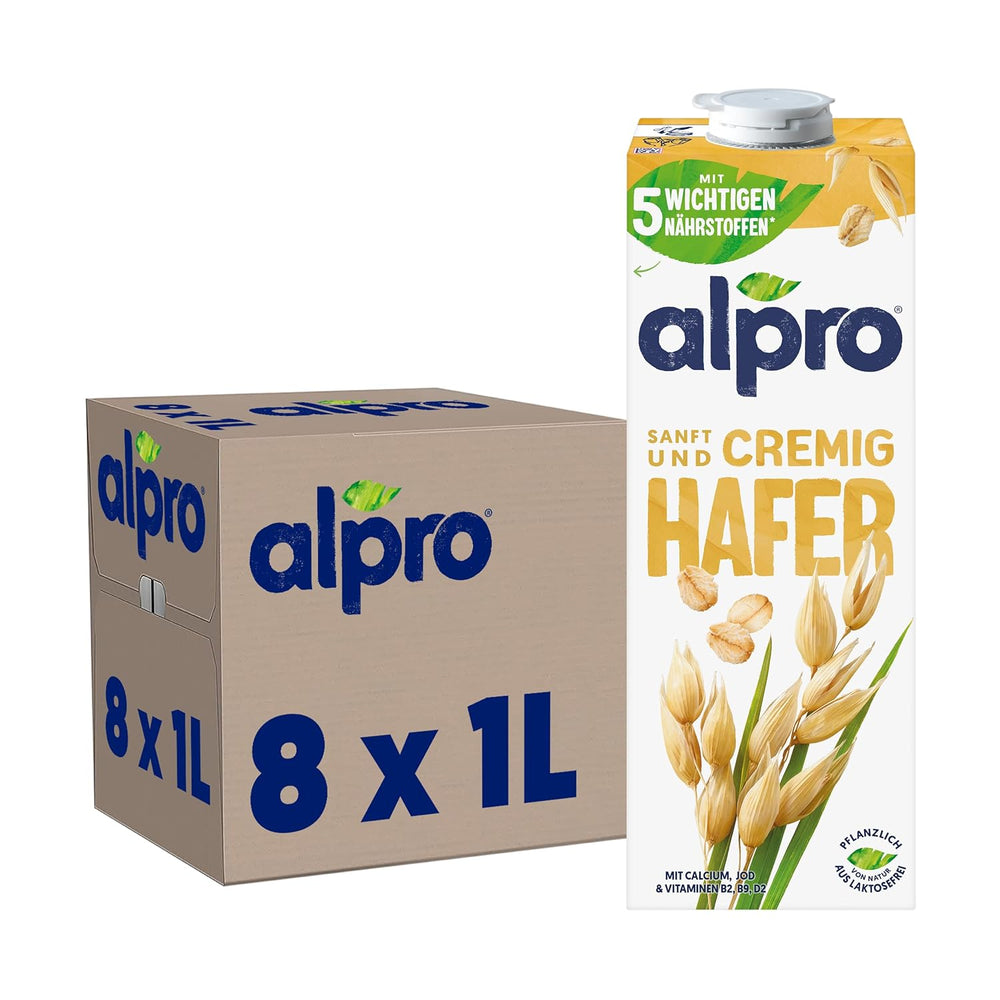 Alpro Haferdrink ohne Zucker – Milchalternative auf Haferbasis – Vegan og lactosefrei – Rich an Ballaststoffen, Calcium og Vitaminen – 8 x 1 L