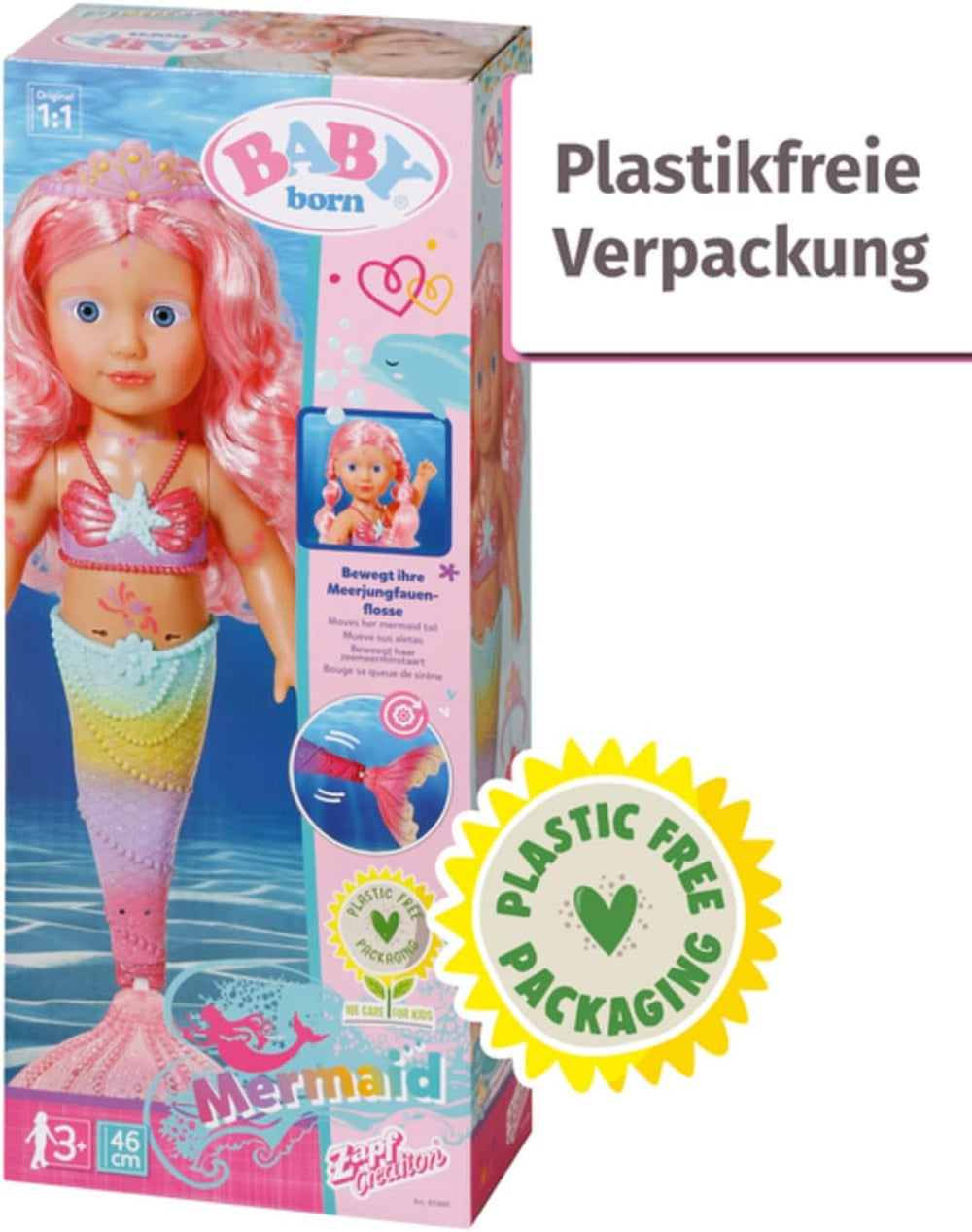 BABY Born Little Sister Mermaid 46 cm, Păpușă sirenă impermeabilă cu păr lung și aripioară mobilă cu sclipici, incl. tiară și pieptene, 833681 Zapf Creation Papusi Naty Shop