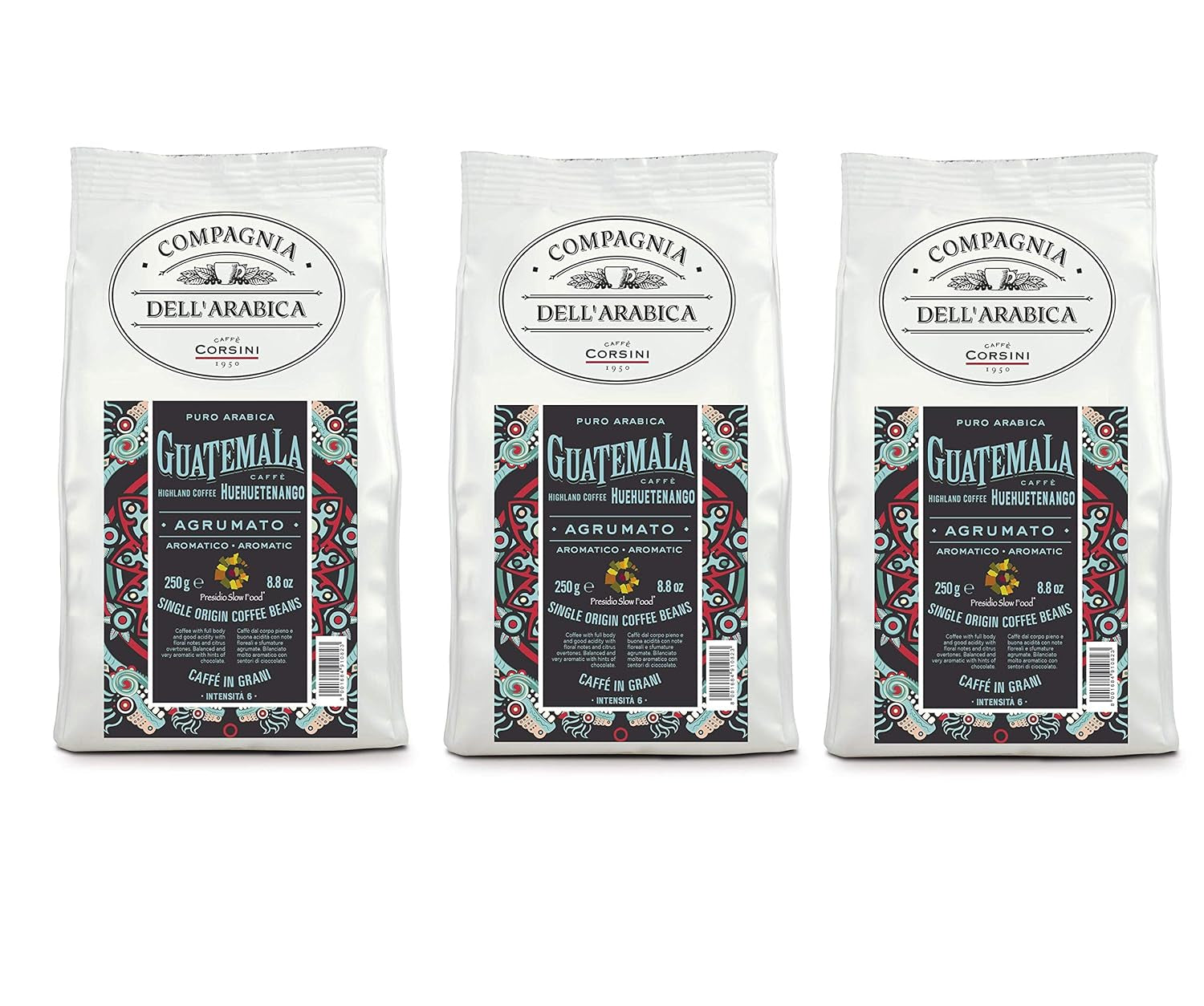 Caffè Corsini - Cafea boabe 3 X 250 grame, Compagnia Dell'Arabica, diverse arome, origine unică, total 750G Cafea Naty Shop Guatemala Boabe de cafea
