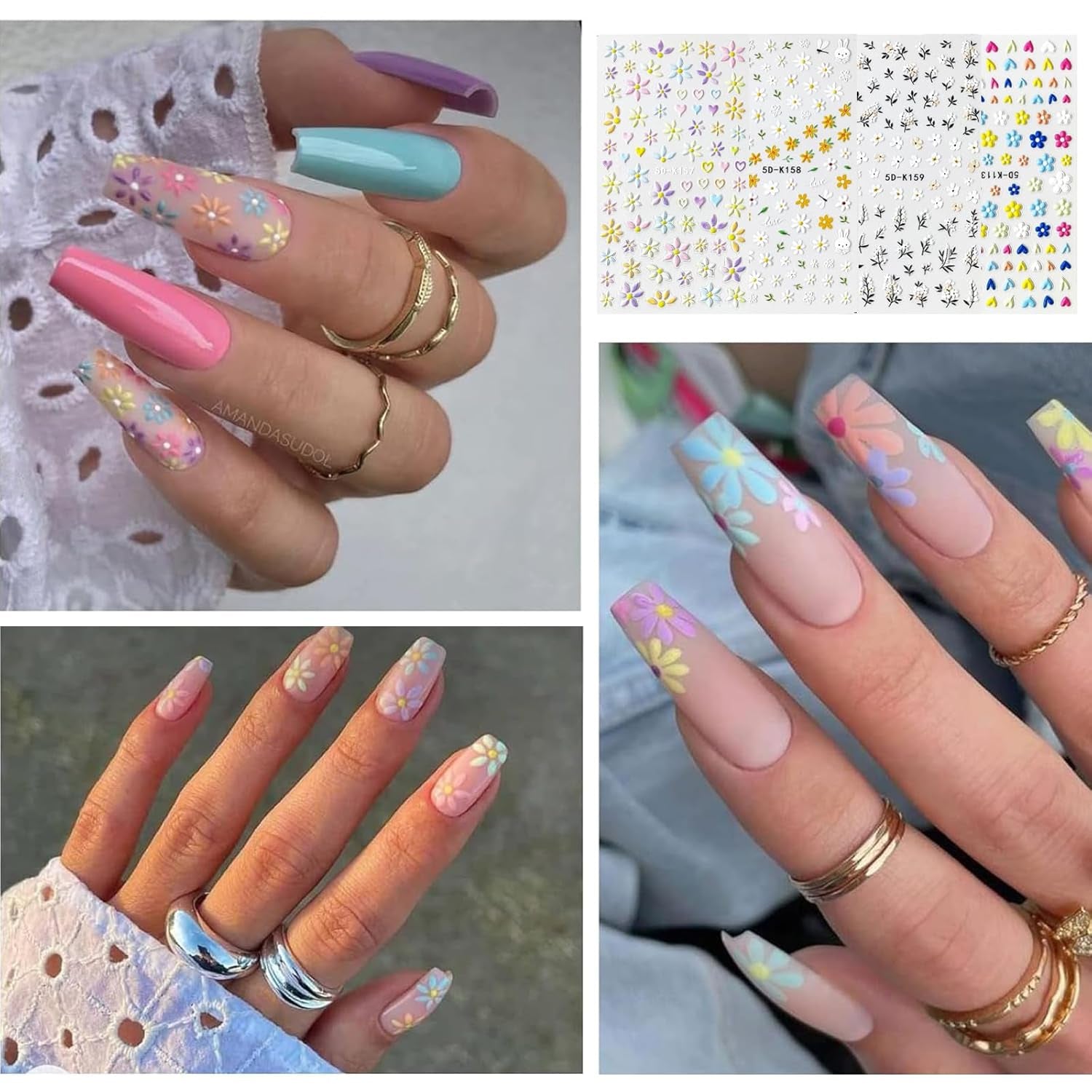 Nagelsticker Set Für Einzigartiges Nageldesign, 4 Blatt Frühlingsthemen Nail Art Zubehör, Perfekt Für 3D Gel Nägel Und UV Gel Strips