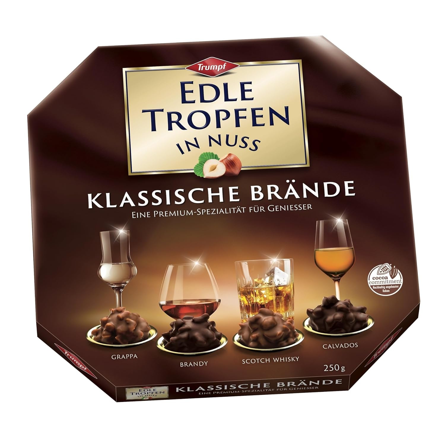 Fine dråber i brandy klassiske nødder 250 g væskefyldte chokoladepraliner med mælkechokoladeglasur og sprøde hasselnøddestykker