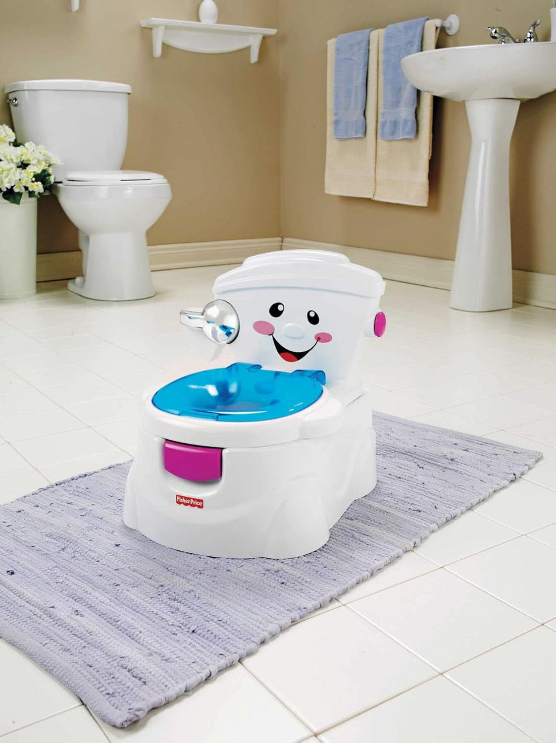 Fisher-Price Meine Erste Toilette, Baby Töpfchen, Mit Musik & Lustigen Sätzen, Tragbare Baby Toilette, Abnehmbarer Toilettenaufsatz, Deutsche Version, Ab 1 Jahr, P4326 Tilbehør Mad og Amning Bebe Naty Shop