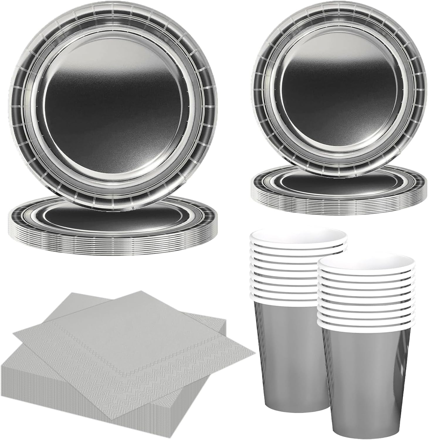 Set de tacâmuri din hârtie argintie, format din 68 de piese, farfurii de hârtie argintii, pahare de hârtie, șervețele, tacâmuri decorative pentru petreceri, zile de naștere, nunți, Revelion, absolviri, articole pentru petreceri