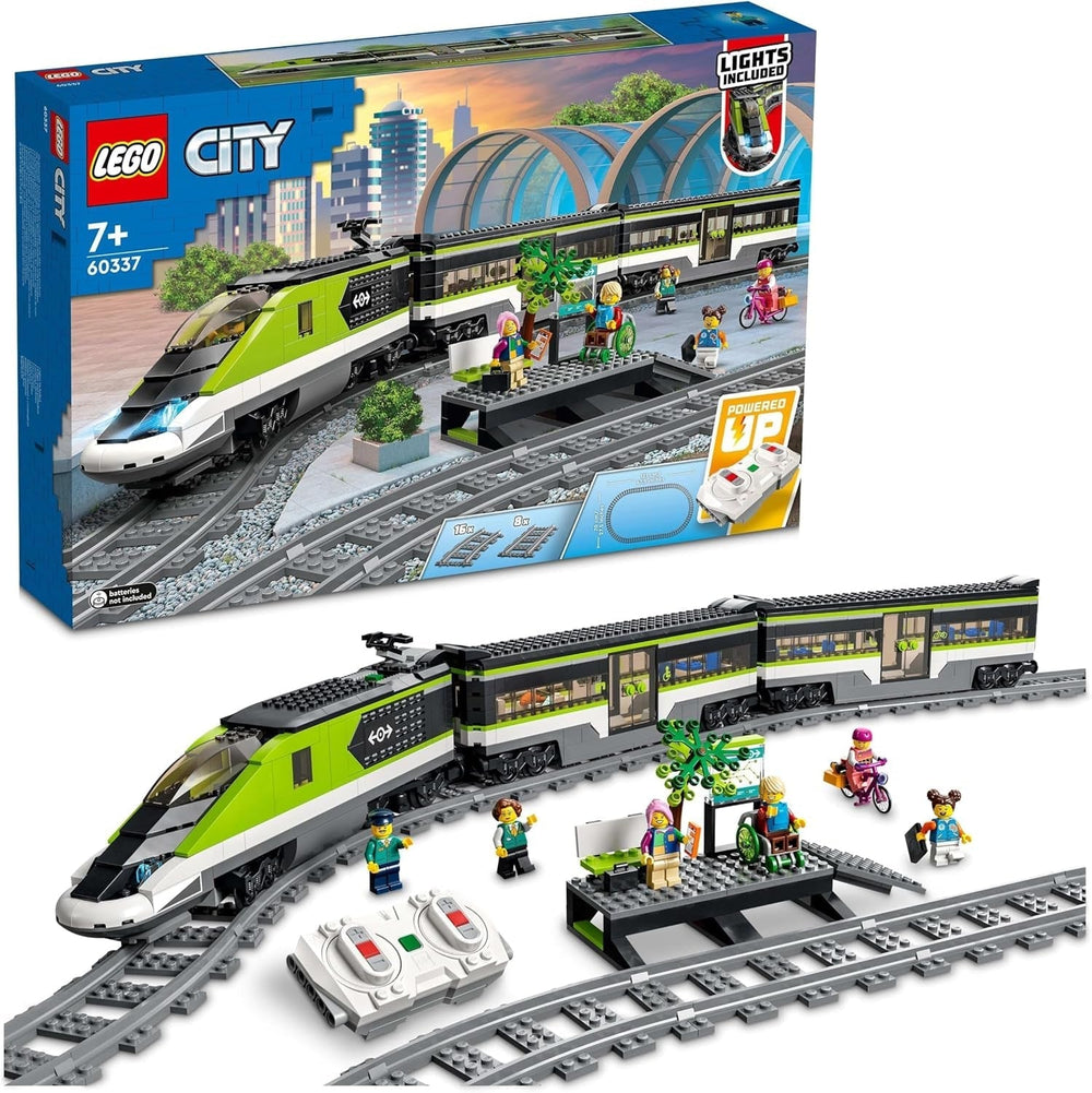 LEGO City Passenger Express Tog, Fjernbetjent togsæt, Jernbanelegetøj med forlygter, 2 vogne og 24 sporelementer, Gave til børn, drenge og piger 60337 Byggesæt Besuche den LEGO-Store Single
