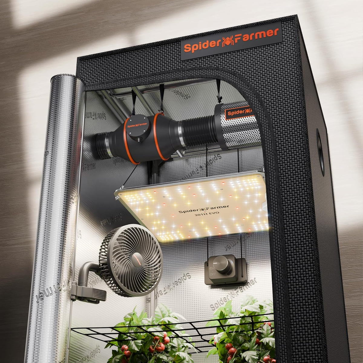 Spider Farmer SF1000 Full Spectrum Dæmpbar LED Grow Light, Samsung LM301H EVO Diode, 70x70x160cm Full Grow Telt Kit, Hydroponic Grow Telt Set, Ventilation System