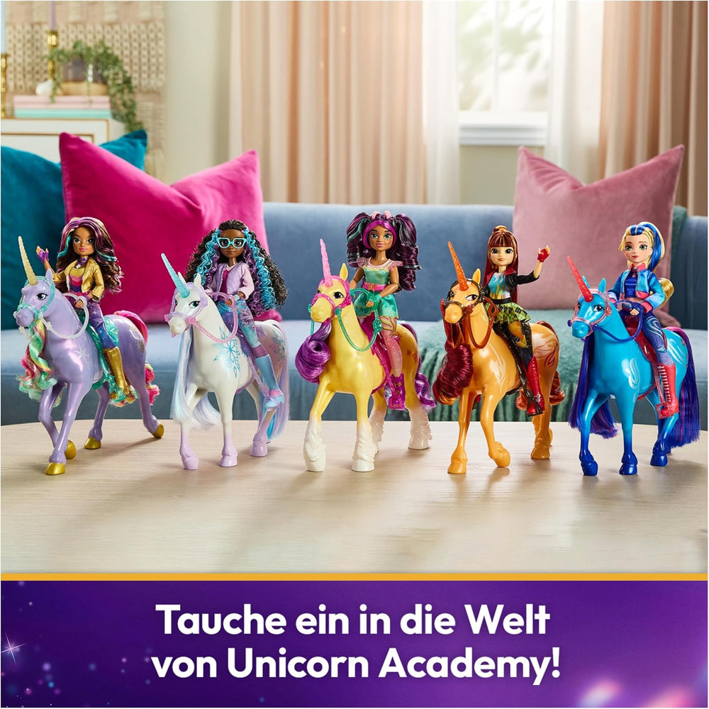 Unicorn Academy Einhorn River - 28 cm groß, Original-Einhorn von Isabel zur Netflix-Serie, mit echter Mähne und Schweif, abnehmbarem Zaumzeug und Sattel sowie Bürste, für Kinder ab 4 Jahren