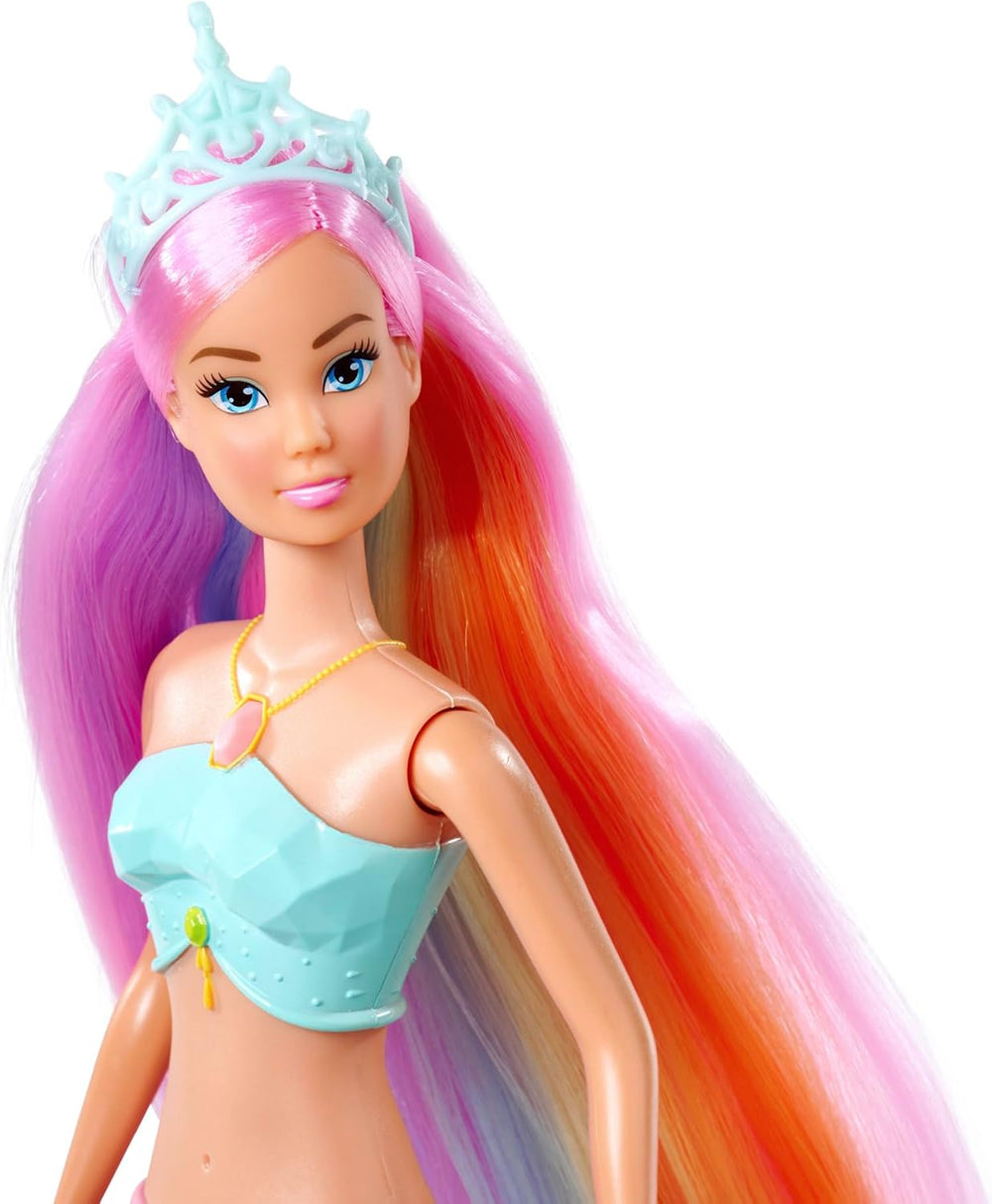 Steffi Love Sirena Curcubeu Magic, păpușă sirenă cu funcție de lumină curcubeu magică și păr extra lung, 39 cm, vârste 3+