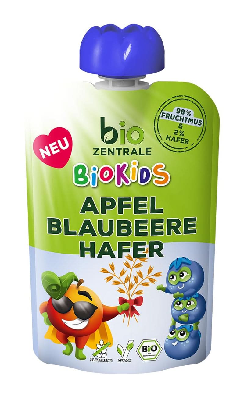 Biozentrale Biokids Frugtpuré æbler blåbær havre | 12X90G | Vegansk frugthavre-snack | Ingen tilsat granuleret sukker Mor og barn Naty Shop