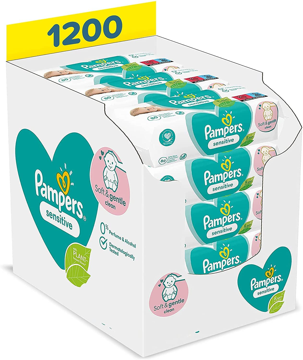 Pampers Sensitive Flip Advanced 4-i-1 bæresele med hagesmæk og servietter, 1200 servietter (15 x 80) til babys følsomme hud, dermatologisk testet, nyfødte essentielle produkter