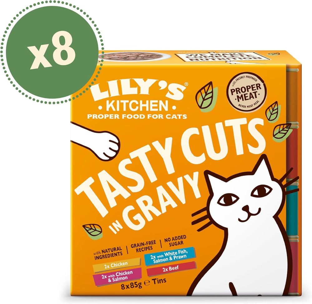 Lily's Kitchen, hrană umedă pentru pisici adulte, preparată cu ingrediente naturale, Delicious Chunks in Gravy, pachet multiplu, 8 cutii x 85g