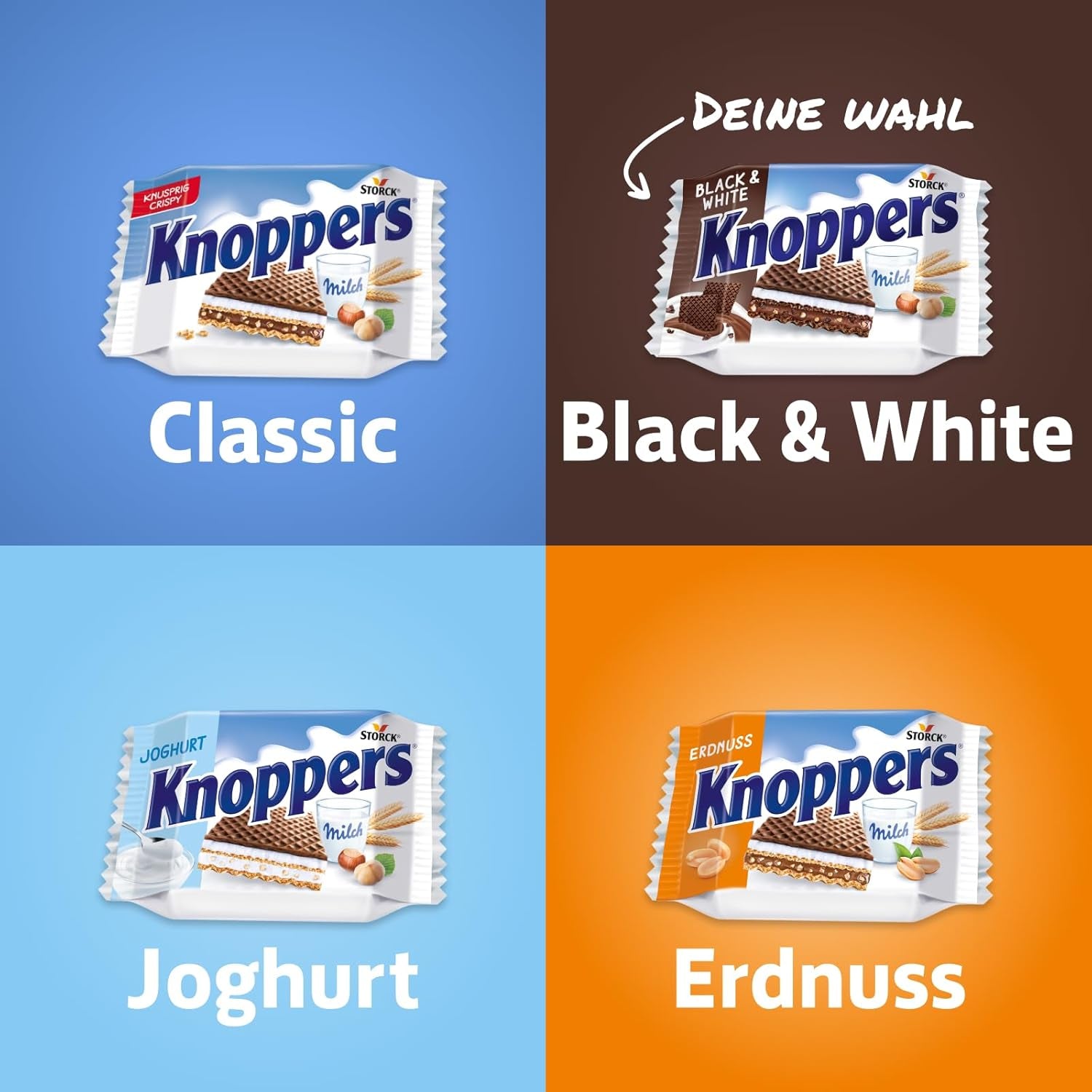 Hvide og sorte Knoppers – 8 x 25 g – Vaffelskiver fyldt med mørke kakaoblater, stykker af sorte kiks, mælk og nougatcreme