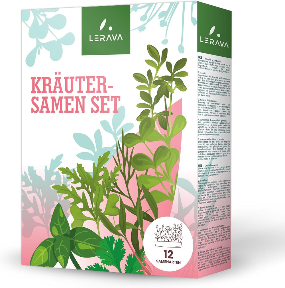 LERAVA Kräutersamen Sæt – 12 Sorten: Basilikum Samen, Parsilie Samen, Koriander, Oregano & Mehr – Saatgut für frische Kräuter im Garten eller Topf, Premium Samen für Küche & Balkon - Samen sæt, frø