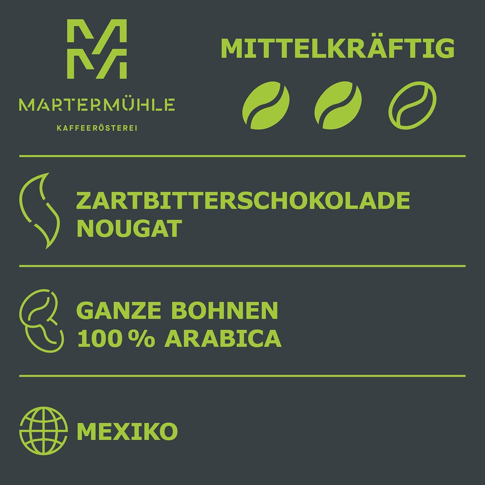 Martermühle Mexiko Bio Espressobohnen entkoffeiniert 1kg mittelkräftig I Arabica I Aromen: Nougat, Zartbitterschokolade I Ganze Bio Espresso-Bohnen schonend geröstet, säurearm