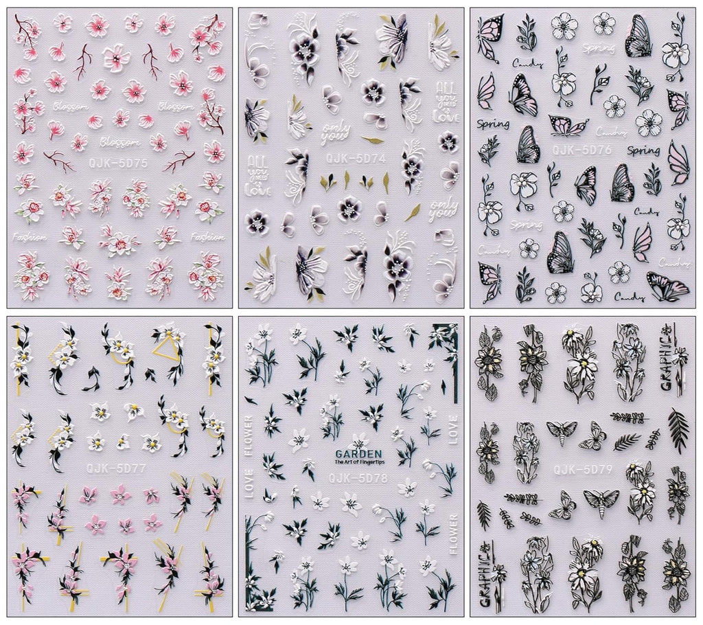 JMEOWIO 6 Blatt 3D Nagelsticker Frühlings Blume Nail Art Sticker Selbstklebend Nagelaufkleber 5D Stereoskopisch Bunte Sommer Blumen Dekoration Nageldesign Zubehör